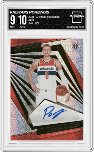 Kristaps Porzingis from the 2021-22 Panini Revolution  set graded by Arena Club and given an overall grade of 9.