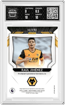 Raul Jimenez from the 2020-21 Panini Prizm Premier League set featuring a Pink Ice Prizm parallel graded by Arena Club and given an overall grade of 8.5.