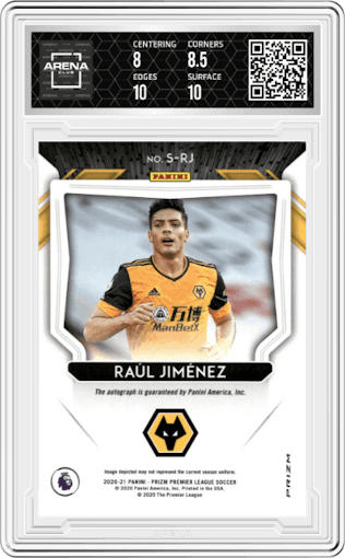 Raul Jimenez from the 2020-21 Panini Prizm Premier League set featuring a Pink Ice Prizm parallel graded by Arena Club and given an overall grade of 8.5.