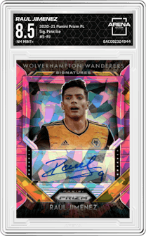 Raul Jimenez from the 2020-21 Panini Prizm Premier League set featuring a Pink Ice Prizm parallel graded by Arena Club and given an overall grade of 8.5.