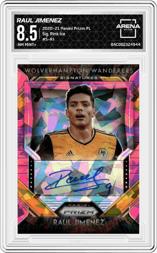 Raul Jimenez from the 2020-21 Panini Prizm Premier League set featuring a Pink Ice Prizm parallel graded by Arena Club and given an overall grade of 8.5.