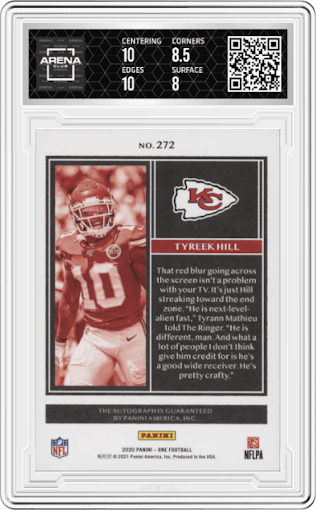 Tyreek Hill from the 2020 Panini One set graded by Arena Club and given an overall grade of 8.5.