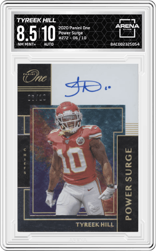 Tyreek Hill from the 2020 Panini One set graded by Arena Club and given an overall grade of 8.5.