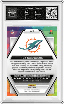 Tua Tagovailoa from the 2024 Panini Mosaic set graded by Arena Club and given an overall grade of 9.
