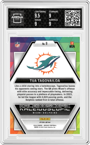 Tua Tagovailoa from the 2024 Panini Mosaic set graded by Arena Club and given an overall grade of 9.