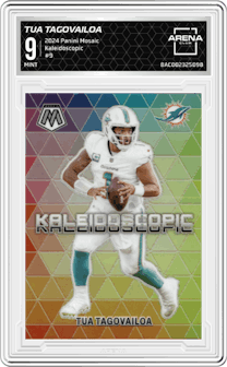 Tua Tagovailoa from the 2024 Panini Mosaic set graded by Arena Club and given an overall grade of 9.