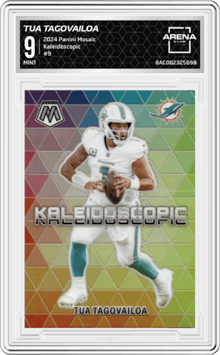 Tua Tagovailoa from the 2024 Panini Mosaic set graded by Arena Club and given an overall grade of 9.