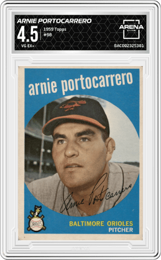 Arnie Portocarrero from the 1959 Topps set graded by Arena Club and given an overall grade of 4.5.