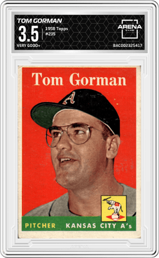 Tom Gorman from the 1958 Topps set graded by Arena Club and given an overall grade of 3.5.