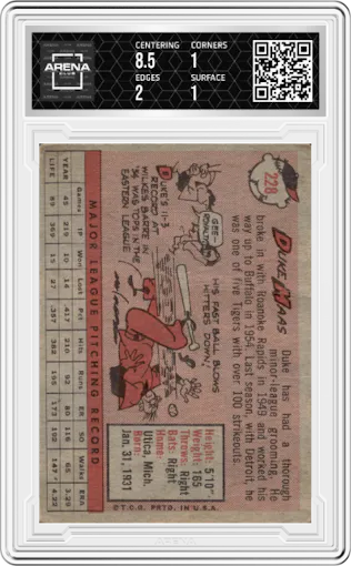 Duke Maas from the 1958 Topps set featuring a White Name parallel graded by Arena Club.