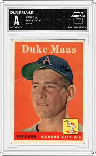 Duke Maas from the 1958 Topps set featuring a White Name parallel graded by Arena Club.