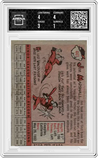 Jim Marshall from the 1958 Topps set featuring a White Name parallel graded by Arena Club and given an overall grade of 1.5.