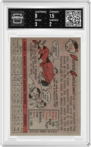Foster Castleman from the 1958 Topps set graded by Arena Club and given an overall grade of 2.
