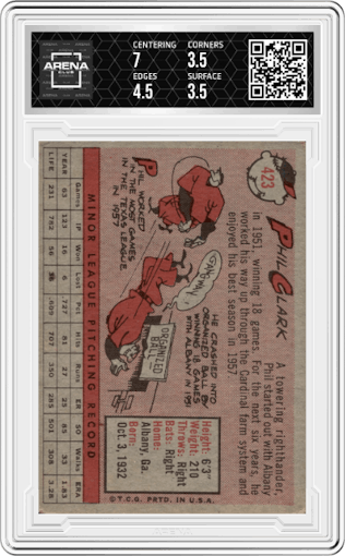Phil Clark from the 1958 Topps set featuring a White Name parallel graded by Arena Club and given an overall grade of 4.