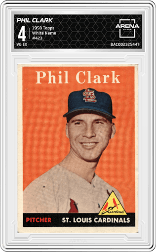 Phil Clark from the 1958 Topps set featuring a White Name parallel graded by Arena Club and given an overall grade of 4.