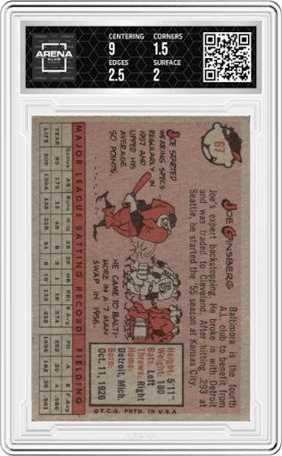 Joe Ginsberg from the 1958 Topps set graded by Arena Club and given an overall grade of 2.