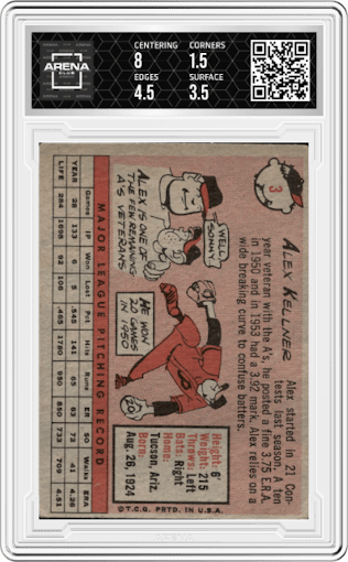 Alex Kellner from the 1958 Topps set featuring a White Name parallel graded by Arena Club and given an overall grade of 2.