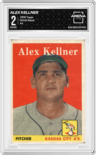 Alex Kellner from the 1958 Topps set featuring a White Name parallel graded by Arena Club and given an overall grade of 2.
