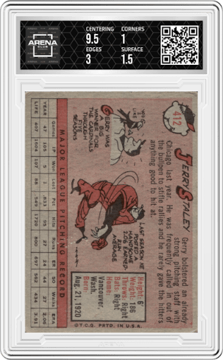 Jerry Staley from the 1958 Topps set graded by Arena Club and given an overall grade of 1.5.