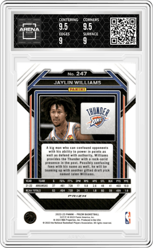 Jaylin Williams from the 2022-23 Panini Prizm  set featuring a Red Ice parallel graded by Arena Club and given an overall grade of 9.5.