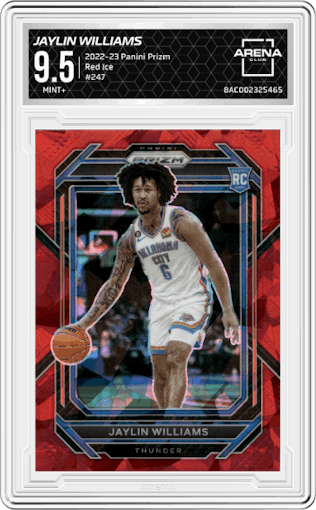 Jaylin Williams from the 2022-23 Panini Prizm  set featuring a Red Ice parallel graded by Arena Club and given an overall grade of 9.5.