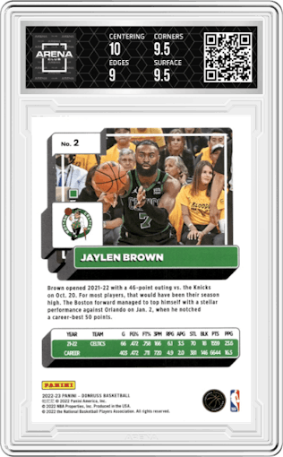 Jaylen Brown from the 2022-23 Panini Donruss set featuring a Green Holo Laser parallel graded by Arena Club and given an overall grade of 9.5.