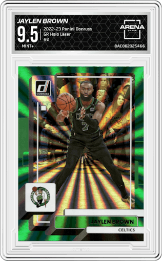 Jaylen Brown from the 2022-23 Panini Donruss set featuring a Green Holo Laser parallel graded by Arena Club and given an overall grade of 9.5.