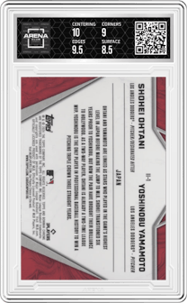 Shohei Ohtani/Yoshinobu Yamamoto from the 2024 Bowman Chrome set graded by Arena Club and given an overall grade of 9.