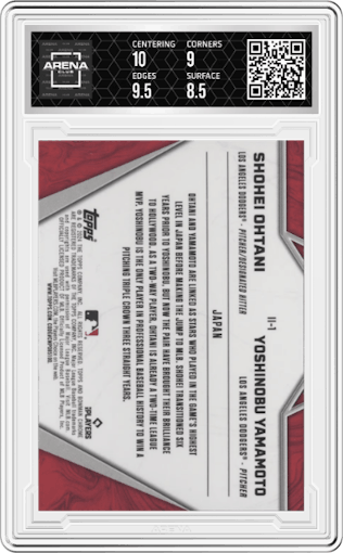 Shohei Ohtani/Yoshinobu Yamamoto from the 2024 Bowman Chrome set graded by Arena Club and given an overall grade of 9.