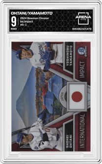 Shohei Ohtani/Yoshinobu Yamamoto from the 2024 Bowman Chrome set graded by Arena Club and given an overall grade of 9.