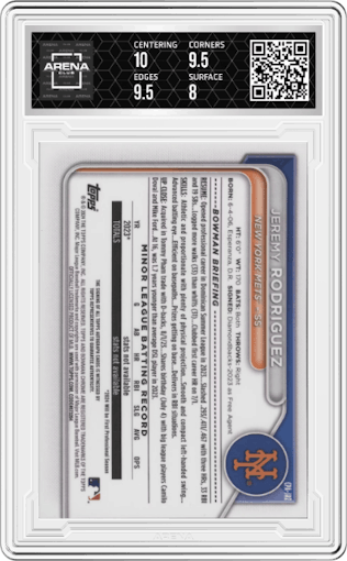 Jeremy Rodriguez from the 2024 Bowman Chrome set graded by Arena Club and given an overall grade of 8.5.