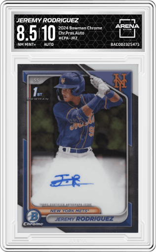 Jeremy Rodriguez from the 2024 Bowman Chrome set graded by Arena Club and given an overall grade of 8.5.