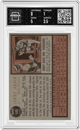 Jerry Adair from the 1962 Topps set graded by Arena Club.