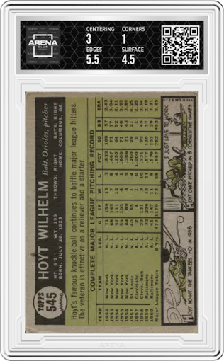 Hoyt Wilhelm from the 1961 Topps set graded by Arena Club.