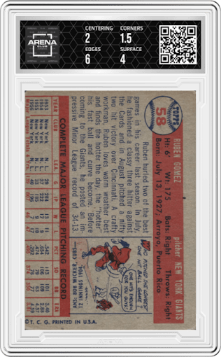 Ruben Gomez from the 1957 Topps set graded by Arena Club and given an overall grade of 2.
