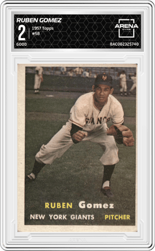 Ruben Gomez from the 1957 Topps set graded by Arena Club and given an overall grade of 2.