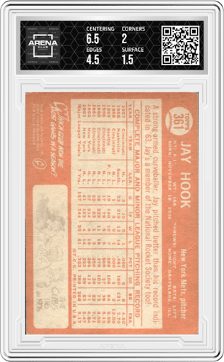 Jay Hook from the 1964 Topps set graded by Arena Club and given an overall grade of 2.