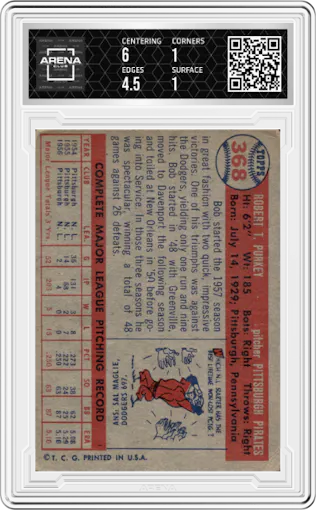 Bob Purkey from the 1957 Topps set graded by Arena Club and given an overall grade of 1.5.