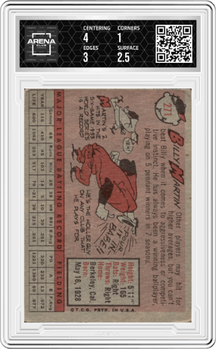Billy Martin from the 1958 Topps set featuring a White Name parallel graded by Arena Club and given an overall grade of 1.5.