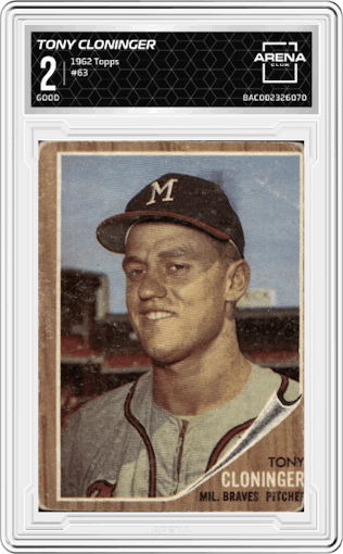 Tony Cloninger from the 1962 Topps set graded by Arena Club and given an overall grade of 2.