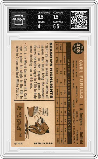 Carl Furillo from the 1960 Topps set graded by Arena Club and given an overall grade of 2.