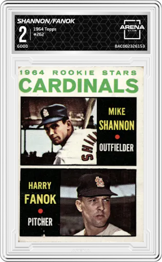 Mike Shannon/Harry Fanok from the 1964 Topps set graded by Arena Club and given an overall grade of 2.