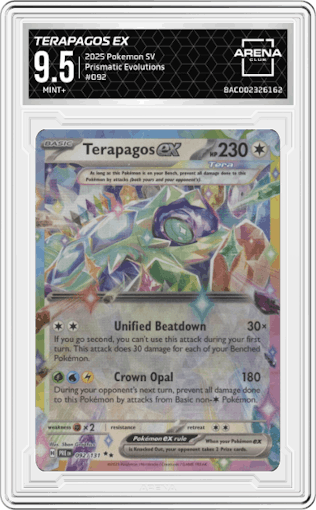 Terapagos ex from the 2025 Pokemon SV set graded by Arena Club and given an overall grade of 9.5.