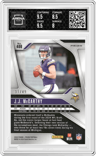 J.J. McCarthy from the 2024 Panini Prizm set featuring a Purple Power Prizm parallel graded by Arena Club and given an overall grade of 8.5.