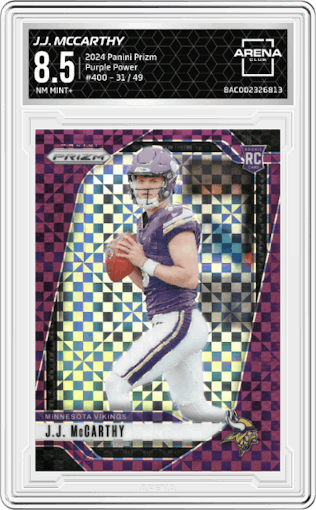 J.J. McCarthy from the 2024 Panini Prizm set featuring a Purple Power Prizm parallel graded by Arena Club and given an overall grade of 8.5.