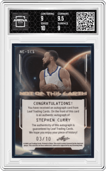 Stephen Curry from the 2024 Leaf Decadence set featuring a Turquoise parallel graded by Arena Club and given an overall grade of 9.5.