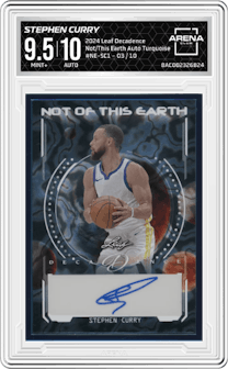 Stephen Curry from the 2024 Leaf Decadence set featuring a Turquoise parallel graded by Arena Club and given an overall grade of 9.5.