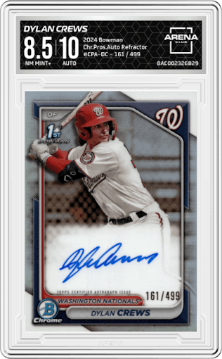 Dylan Crews from the 2024 Bowman set featuring a Refractor parallel graded by Arena Club and given an overall grade of 8.5.