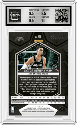 Victor Wembanyama from the 2023-24 Panini Mosaic set featuring a Blue Mosaic parallel graded by Arena Club and given an overall grade of 10.