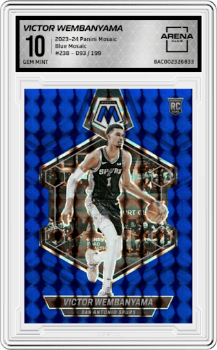 Victor Wembanyama from the 2023-24 Panini Mosaic set featuring a Blue Mosaic parallel graded by Arena Club and given an overall grade of 10.
